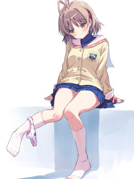 Rule 34 | 1girl, akayama yukihe, antenna hair, blue skirt, bow, bow panties, brown eyes, brown hair, clannad, closed mouth, furukawa nagisa, hair ornament, hairclip, head tilt, highres, hikarizaka private high school uniform, kneehighs, long sleeves, looking down, no shoes, panties, panties around leg, sailor collar, school uniform, shirt, short hair, simple background, sitting, skirt, smile, socks, solo, underwear, white background, white panties, white sailor collar, white socks, yellow shirt