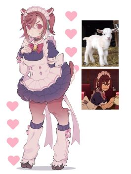 Rule 34 | 1girl, animal ears, ayase momo, back bow, bell, black choker, black dress, bow, bowtie, breasts, brown eyes, brown fur, brown hair, choker, comimingming, commentary request, crossed bangs, dandadan, detached sleeves, dress, earrings, frown, full body, furrowed brow, goat ears, goat girl, goat tail, hair between eyes, hand on own chest, highres, hooves, jewelry, korean commentary, loose socks, maid headdress, medium breasts, medium hair, neck bell, puffy short sleeves, puffy sleeves, red bow, red bowtie, reference inset, short sleeves, socks, solo, tail, twintails