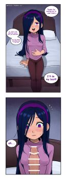 1boy 1girl 2koma absurdres arm_at_side bar_censor bed blue_hair blush border breasts brown_footwear censored comic dark_blue_hair english_text eyebrows fanbox_username feet_out_of_frame fingernails gnsisir hair_over_one_eye hairband hand_on_own_stomach hetero highres huge_filesize indoors loli long_hair looking_at_penis looking_at_viewer looking_down multiple_views naughty_face on_bed open_mouth pants parted_lips penis pink_sweater pov pov_crotch purple_eyes purple_hairband sequential sitting small_breasts smile surprised sweater teeth the_incredibles upper_body upper_teeth_only violet_parr white_border