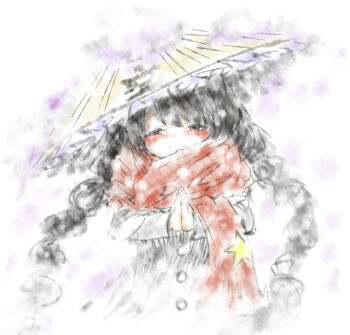 1girl 2b-ge ajirogasa braid brown_eyes buttons chinese_commentary dress frilled_hat frills grey_dress hat highres long_hair one-hour_drawing_challenge own_hands_together red_scarf scarf snow snowing star_(symbol) touhou twin_braids white_background yatadera_narumi