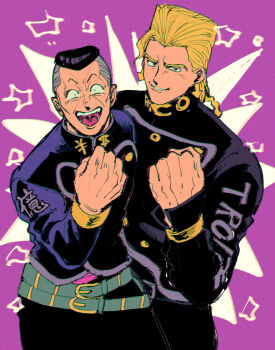 2boys arrow_earrings blonde_hair clenched_hand commentary diamond_wa_kudakenai dollar_sign flattop gakuran highres jojo_no_kimyou_na_bouken long_hair multiple_boys nijimura_keicho nijimura_okuyasu oniyama831 school_uniform yen_sign