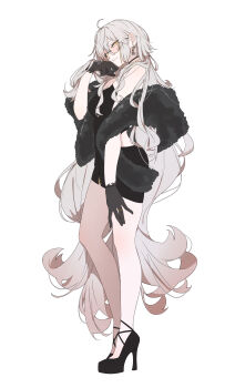 1girl \||/ absurdres ahoge alternate_costume back_cutout bare_arms bare_legs black_choker black_dress black_gloves black_shawl black_shoes breasts choker closed_mouth clothing_cutout contrapposto dress earrings eyewear_strap fate/grand_order fate_(series) flipped_hair from_side full_body fur_scarf fur_shawl gloves gradient_hair hair_between_eyes high_heels highres jeanne_d&#039;arc_alter_(fate) jewelry knees_apart_feet_together lace lace-trimmed_gloves lace_trim long_hair looking_at_viewer medium_breasts messy_hair microdress multicolored_hair platform_heels profile ri_o_ne_su ring round_eyewear shawl shoes simple_background solo strapless strapless_dress tube_dress very_long_hair white_background white_hair yellow_eyes