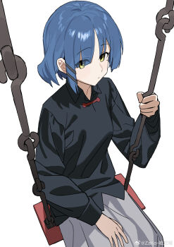 1girl absurdres black_shirt blue_hair bocchi_the_rock! closed_mouth collared_shirt commentary_request grey_skirt hair_between_eyes hair_ornament hairclip highres long_sleeves looking_at_viewer mole mole_under_eye on_swing q_haoyu shirt simple_background sitting skirt solo swing watermark weibo_watermark white_background yamada_ryo yellow_eyes