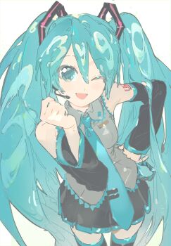 1girl :d aqua_eyes aqua_hair aqua_necktie aqua_trim black_skirt black_thighhighs cowboy_shot detached_sleeves grey_shirt hand_on_own_hip hatsune_miku highres looking_at_viewer necktie one_eye_closed open_mouth ruma_0909 shirt skirt smile solo thighhighs twintails vocaloid