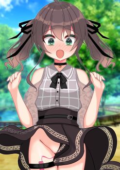 1girl absurdres bare_shoulders belt black_choker black_ribbon blouse blue_sky blurry blurry_background blush brown_hair brown_skirt buttons choker clothes_lift clothing_cutout cloud collared_shirt controller cowboy_shot day embarrassed female_focus flat_chest green_eyes grey_shirt groin hair_ribbon hands_up heart heart_choker highres hololive long_hair looking_down md5_mismatch mitsuboshi_nuko natsuiro_matsuri natsuiro_matsuri_(casual) neck_ribbon no_panties nose_blush open_mouth outdoors outline public_indecency remote_control remote_control_vibrator resolution_mismatch ribbon see-through_clothes see-through_sleeves sex_toy shirt shirt_tucked_in shoulder_cutout sidelocks skirt skirt_lift sky solo source_smaller standing straight-on thigh_strap tree twintails vibrator virtual_youtuber wide-eyed wind wind_lift