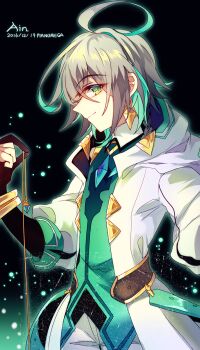 1boy ahoge ainchase_ishmael aqua_hair artist_name athria belt black_background black_gloves brown_belt character_name chinese_commentary closed_mouth collared_shirt colored_inner_hair commentary commentary_request cowboy_shot dated earrings elbow_gloves elsword english_commentary eyes_visible_through_hair gloves glowing god's_agent_(elsword) green_eyes green_vest grey_hair hair_between_eyes holding holding_pendulum hooded_robe jewelry light_particles long_sleeves looking_at_viewer male_focus mixed-language_commentary multicolored_hair open_clothes open_robe pants partially_fingerless_gloves pendulum robe shirt short_hair simple_background smile solo two-tone_hair vest white_pants white_robe wing_collar