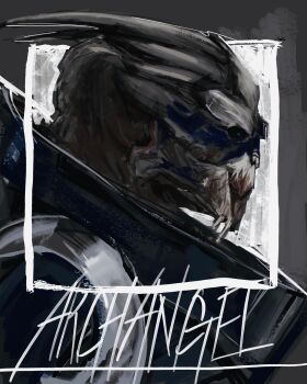 1boy absurdres alien black_sclera blue_eyes closed_mouth colored_sclera commentary_request english_text from_side garrus_vakarian highres korean_commentary male_focus mass_effect_(series) portrait profile route9cd solo