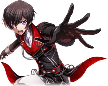 1boy black_gloves black_hair black_jacket code_geass code_geass:_lost_stories commentary_request f4samurai gloves jacket lelouch_vi_britannia military_uniform official_art open_mouth purple_eyes skirt solo teeth white_skirt