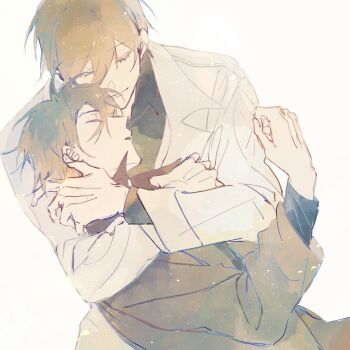 2boys arm_around_shoulder black_coat black_hair black_shirt breathing742105 chin_rest closed_eyes coat collared_shirt commentary english_commentary hand_on_own_arm hand_up head_on_head head_rest highres hug kim_dokja male_focus multiple_boys omniscient_reader&#039;s_viewpoint open_clothes open_coat popped_collar shirt short_hair smile white_coat yoo_joonghyuk