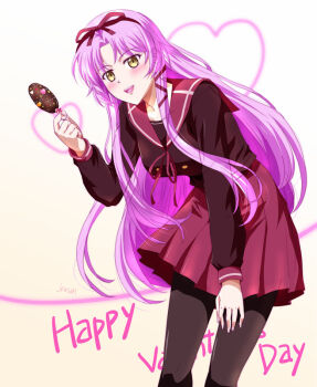 Rule 34 | 1girl, artist name, black thighhighs, breasts, commentary request, curtained hair, eiyuu densetsu, english text, floating hair, food, hairband, happy valentine, holding, holding food, holding ice cream, ice cream, ice cream bar, kuro no kiseki (series), large breasts, leaning forward, long hair, long sidelocks, long sleeves, parted bangs, purple hair, red hairband, red ribbon, red skirt, renne (eiyuu densetsu), ribbon, sailor collar, school uniform, sidelocks, simple background, skirt, solo, thighhighs, upper body, valentine, white background, xiacheng tatsuya
