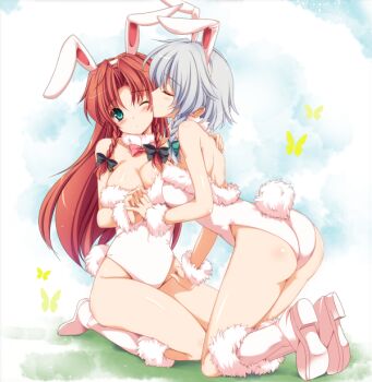 2girls alternate_costume animal_ears animated animated_png ass bare_legs blush boots bow braid breasts bug butterfly cleavage couple derivative_work detached_collar female_focus fur_trim green_eyes hair_bow hong_meiling insect izayoi_sakuya kaze_(kazesan) kemonomimi_mode large_breasts licking licking_another&#039;s_cheek licking_another&#039;s_face long_hair monety multiple_girls one_eye_closed playboy_bunny rabbit_ears rabbit_tail red_hair silver_hair tail touhou twin_braids wink yuri