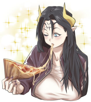 1girl blue_eyes breasts cheese cheese_trail commentary_request digimon digimon_(creature) eating eyeshadow facial_mark food forehead_mark holding holding_food holding_pizza jacket large_breasts lilithmon long_hair makeup pepperoni pepperoni_pizza pizza pizza_slice purple_eyeshadow purple_lips purple_track_suit shirt simple_background solo taira_(tairamon) track_suit white_background