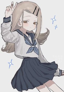 1girl commentary_request gakuen_idolmaster grey_hair highres idolmaster kakuzatou_(sugar_xouox) long_hair looking_at_viewer orange_eyes school_uniform serafuku shinosawa_hiro skirt smile solo sparkle v