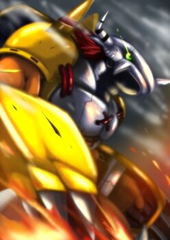 Rule 34 | armor, claws, digimon, digimon (creature), dragon, green eyes, hudie jun, orange scales, red hair, short hair, upper body, wargreymon, weapon, yellow armor
