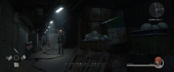 1girl 1other absurdres asteroid_ill character_name fake_screenshot heads-up_display health_bar highres indoors jizou long_sleeves medium_hair minimap optic_nerve_(asteroid_ill) original red_hair ruins scenery silhouette solo standing static thighhighs translation_request user_interface