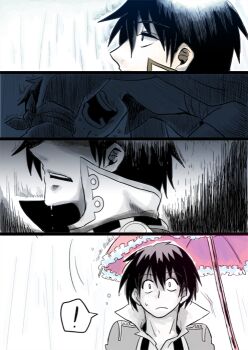 ! 00s 1boy akora comic flashback gradient_background male_focus monochrome open_mouth rain remembering short_hair silent_comic simon_(ttgl) solo spoken_exclamation_mark surprised tengen_toppa_gurren_lagann umbrella wet