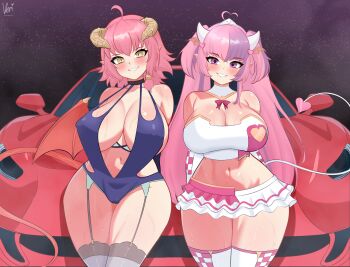 Rule 34 | 2girls, absurdres, ahoge, breasts, car, checkered sleeves, checkered thighhighs, cleavage, commentary, covered erect nipples, curvy, demon girl, demon horns, demon tail, demon wings, english commentary, garter belt, garter straps, hair ornament, head wings, heart, heart ahoge, heart hair ornament, highres, horns, huge breasts, indie virtual youtuber, ironmouse, ironmouse (race queen), kyonyuu fantasy, large breasts, long hair, midriff, miniskirt, motor vehicle, multicolored hair, multiple girls, navel, one-piece swimsuit, pink eyes, pink hair, pink skirt, pointy ears, purple hair, race queen, shamsiel shahar, short hair, skirt, slingshot swimsuit, smile, star (sky), strapless, streaked hair, sweat, swimsuit, tail, thick thighs, thighhighs, thighs, tube top, twintails, two-tone skirt, veridraws, virtual youtuber, wet, white skirt, wide hips, wings, yellow eyes