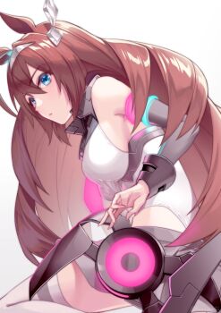 1girl ahoge akatsuki_(kuon) animal_ears bare_shoulders blue_eyes blush breasts brown_hair closed_mouth commentary_request detached_sleeves ear_ornament grey_hairband grey_leotard grey_skirt grey_sleeves hair_between_eyes hairband highleg highleg_leotard horse_ears horse_girl large_breasts leotard long_hair lowleg lowleg_skirt mihono_bourbon_(mb-19890425)_(umamusume) mihono_bourbon_(umamusume) necktie pink_necktie silver_hairband simple_background skirt solo thighhighs umamusume white_background white_leotard white_thighhighs