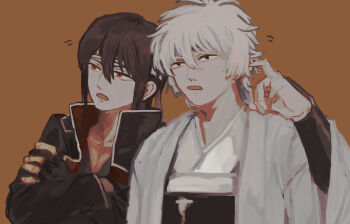 2boys black_gloves black_jacket brown_background crossed_arms finger_in_ear fingerless_gloves gintama gloves hair_between_eyes hana_monaka highres jacket japanese_clothes kimono long_sleeves male_focus motion_lines multiple_boys obi open_mouth red_eyes sakata_gintoki sash simple_background takasugi_shinsuke upper_body white_hair white_kimono
