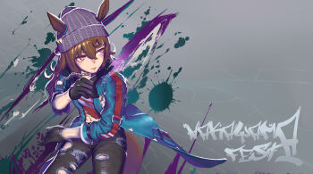 1girl absurdres animal_ears arm_belt beanie belt black_belt black_gloves black_pants blue_jacket brown_hair chain chain_necklace closed_mouth commentary commentary_request crossover denim dice dice_necklace ear_ornament ears_through_headwear english_commentary gloves grey_background grey_hat hair_between_eyes hat highres horse_ears horse_girl horse_tail jacket jeans jewelry kenny_(user_tewr7337) letterman_jacket long_hair midriff nakayama_festa_(umamusume) navel necklace open_clothes open_jacket paint_splatter pants purple_eyes red_shirt shirt simple_background solo street_fighter street_fighter_6 striped_clothes striped_shirt tail torn_clothes umamusume