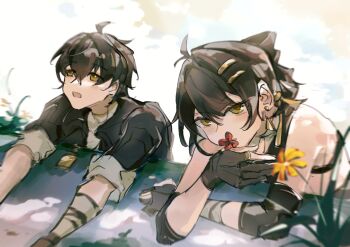 1boy 1girl absurdres ahoge bare_shoulders black_gloves black_hair black_jacket chinese_commentary commentary_request dual_persona elbow_pads female_rover_(wuthering_waves) gloves hair_ornament hair_ribbon hairclip highres jacket looking_at_viewer male_rover_(wuthering_waves) mijiu163 open_mouth parallel_hairclips partially_fingerless_gloves ribbon rover_(wuthering_waves) sleeves_rolled_up wuthering_waves yellow_eyes yellow_ribbon