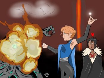 absurdres castlevania_(series) cuteg demon_girl fire highres mature_female non-web_source sypha_belnades trevor_c._belmont