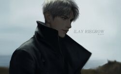 Rule 34 | 1boy, black coat, character name, closed mouth, cloud, cloudy sky, coat, expressionless, grey hair, highres, ilay riegrow, male focus, ocean, outdoors, passion (manhwa), plyu, realistic, short hair, sky, solo, twitter username, upper body