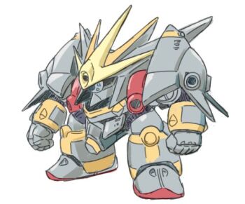 blue_eyes chibi clenched_hands extra_eyes gunbuster looking_ahead lowres mashin_eiyuuden_wataru mecha niiyan parody robot solo style_parody super_robot top_wo_nerae! top_wo_nerae!_(series) v-fin white_background