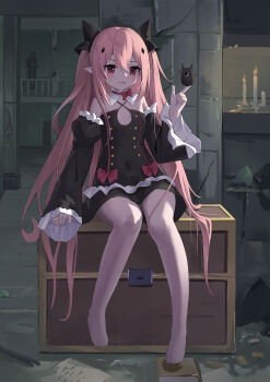 1girl :d absurdres arm_at_side arukanu bare_shoulders barefoot black_bow blush bow bowtie box buttons candle candlelight chinese_commentary commentary covered_navel criss-cross_halter dark detached_collar detached_sleeves double-breasted double-parted_bangs dress dress_bow eyelashes fang fengxue flat_chest frilled_sleeves frills full_body hair_between_eyes hair_bow halterneck hand_up highres index_finger_raised indoors juliet_sleeves krul_tepes long_hair long_sleeves looking_at_another on_box open_mouth owari_no_seraph pink_hair pointy_ears puffy_sleeves red_bow red_bowtie red_eyes short_dress sidelighting sidelocks sitting skin_fang sleeveless sleeveless_dress smile smug solo toes v-shaped_eyebrows very_long_hair white_dress wide_sleeves wooden_box