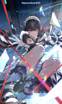 1girl absurdres alternate_costume apron arm_cutout artist_name black_dress black_hair black_shoes chisa_(wuthering_waves) closed_mouth clothing_cutout commentary crossed_arms dress dynamic_pose english_commentary enmaided gloves hair_ribbon high_heels highres holding holding_sword holding_weapon long_hair long_sleeves looking_at_viewer maid maid_headdress red_eyes red_ribbon ribbon ryeon_(naturesan) shoes solo sword tacet_mark_(wuthering_waves) weapon white_gloves wuthering_waves