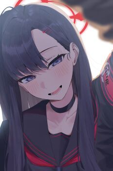 Rule 34 | 1girl, absurdres, armband, black hair, black sailor collar, black serafuku, blue archive, collarbone, commentary request, halo, highres, ichika (blue archive), kashio (92984798), long hair, looking at viewer, neckerchief, open mouth, pov, red armband, red halo, red neckerchief, sailor collar, school uniform, serafuku, smile, solo, unusually open eyes