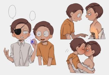 2boys animification awestruck bare_shoulders brown_hair commentary_request cowboy_shot craigt_love9019 cyborg evil_morty eyepatch formal_clothes kiss looking_at_another male_focus morty_smith multiple_boys off_shoulder one_eye_covered open_mouth orange_shirt rick_and_morty science_fiction selfcest shirt short_hair shota simple_background speech_bubble undressing white_background yaoi yellow_shirt