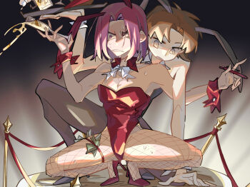 2boys alcohol arms_up ayanokouji_kiyotaka bare_shoulders brown_eyes brown_hair champagne champagne_glass detached_collar fishnet_pantyhose fishnets frown full_body high_heels highres holding holding_glass holding_pen leotard looking_at_another looking_at_viewer male_focus male_playboy_bunny money multiple_boys multiple_views open_mouth pantyhose pectoral_cleavage pectorals pen playboy_bunny purple_eyes purple_hair rabbit_ears red_leotard red_strap ryuuen_kakeru school_uniform shirt short_hair solo_focus spread_legs sweat teeth thigh_strap tucked_money veins veiny_arms wrist_cuffs yaoi yizhongziwei youkoso_jitsuryoku_shijou_shugi_no_kyoushitsu_e