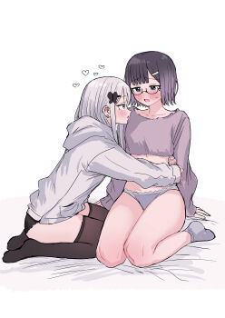 2girls absurdres black_skirt black_thighhighs blue_eyes blush commentary_request earrings glasses grey_eyes grey_hair grey_panties heart highres hood hoodie hug hug_from_side jewelry mole mole_under_eye multiple_girls open_mouth original panties parted_lips purple_hair purple_shirt shirt short_hair skirt ssrbonknow stud_earrings sweat thighhighs underwear white_hoodie yuri