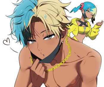 1boy aqua_hair bandeau black_mask blonde_hair blue_eyes canari_(pokemon) chain commentary criss-cross_straps dual_persona earrings english_commentary genderswap genderswap_(ftm) gold_chain heart highres jacket jewelry kubikun looking_at_viewer male_focus mask mask_pull mouth_mask multicolored_eyes multicolored_hair nintendo nipples pokemon pokemon_legends:_z-a simple_background split-color_hair sports_bra toned toned_male twintails two-tone_eyes two-tone_hair two-tone_mask white_background yellow_bandeau yellow_eyes yellow_jacket yellow_mask yellow_sports_bra zipper
