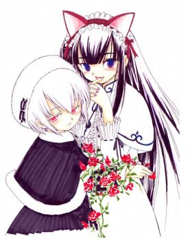 00s 2girls animal_ears artemis black_dress blush cat_ears cat_girl dress fang female_focus hazuki_(tsukuyomi) multiple_girls pink_hair plant purple_eyes purple_hair red_eyes tsukuyomi_moonphase white_background white_dress