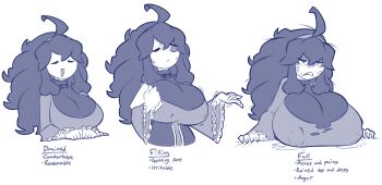 1girl @_@ ahoge anger_vein breast_expansion breasts closed_eyes covered_erect_nipples dorianm_bc female_focus hex_maniac_(pokemon) hex_maniac_(pokemon_xy) highres huge_breasts lactation large_breasts lineart long_hair nintendo one_eye_closed pokemon pokemon_xy progression sequential smile solo sweat torn_clothes upper_body