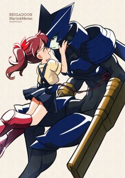 Rule 34 | 1boy, 1girl, absurdres, android, arm blade, arm cannon, armor, artist name, asagi marin, blue skin, brigadoon, brown hair, character name, closed eyes, colored skin, copyright name, covered navel, glasses, hetero, highres, looking at another, melan blue, milk41marie, ponytail, red eyes, red footwear, short sleeves, simple background, weapon