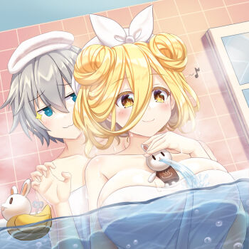 2girls :3 bare_shoulders bathing bathroom between_breasts blonde_hair blue_eyes blush breasts cleavage collarbone date_a_live double_bun hair_between_eyes hair_bun honjou_nia hoshimiya_mukuro large_breasts multiple_girls naked_towel partially_submerged rubber_duck short_hair smile towel towel_on_head tsubasaki water yellow_eyes