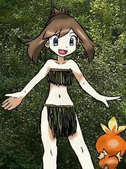 1girl absurdres amayzing2002 armpit_crease bikini blue_eyes brown_hair collarbone eyelashes fangs female_focus flat_chest gen_3_pokemon grass_skirt happy highres jungle knees leaf_bikini legs looking_at_another looking_down may_(pokemon) medium_hair midriff nature navel neck nintendo no_bra no_panties official_alternate_costume open_hand open_mouth outdoors outstretched_arms pokemon pokemon_(creature) pokemon_adventures revealing_clothes sidelocks size_difference standing swept_bangs swimsuit thighs tomboy topknot torchic