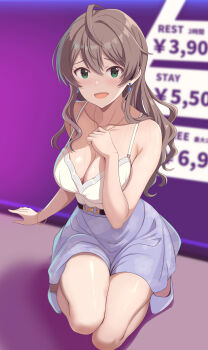 1girl :d ahoge baji_toufuu_(bajitohfu) bare_shoulders belt belt_buckle black_belt bracelet breasts brown_hair buckle camisole cleavage collarbone dot_nose double-parted_bangs earrings floral_print floral_print_skirt green_eyes hair_over_shoulder hand_on_own_chest high_heels highres idolmaster idolmaster_million_live! idolmaster_million_live!_theater_days jewelry kneeling large_breasts long_hair looking_at_viewer love_hotel necklace official_alternate_hairstyle open_mouth print_skirt private_dress_(idolmaster_million_live!) sakuramori_kaori shy sidelocks skirt smile solo spaghetti_strap wavy_hair white_camisole white_footwear