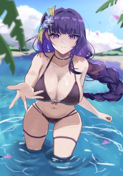 1girl absurdres bikini black_bikini blue_sky breasts commentary_request flower genshin_impact hair_flower hair_ornament highres large_breasts long_braid long_hair looking_at_viewer midriff navel ocean purple_eyes purple_hair raiden_shogun reaching reaching_towards_viewer sky smile solo swimsuit thigh_strap thighs very_long_hair yomo_(mochiyomo4646)