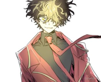 1other black_hair black_shirt blonde_hair coat collared_shirt dante_(limbus_company) floating_neckwear gold_trim humanization limbus_company multicolored_hair necktie parted_lips project_moon red_coat red_necktie shirt simple_background smile solo streaked_hair tkhenpkn upper_body white_background yellow_eyes