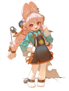 1girl animal_ear_fluff animal_ear_piercing animal_ears animal_feet anklet braid braided_twintails bright_pupils commentary crack cracked_floor full_body furry furry_female green_shirt hand_on_own_hip highres jewelry komodo leaning_to_the_side long_hair looking_at_viewer open_mouth pink_fur pink_hair rabbit_ears rabbit_girl red_eyes screw shirt short_eyebrows simple_background solo standing sword sword_on_back teeth thick_eyebrows upper_teeth_only weapon weapon_on_back white_background white_pupils zenless_zone_zero zhao_(zenless_zone_zero)