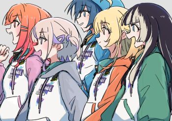 Rule 34 | 5girls, absurdres, ahoge, black hair, blonde hair, blue eyes, blue hair, fang, grey background, grey hair, highres, hiodoshi ao, hololive, hololive dev is, hololive super expo 2025 outfit, hood, hoodie, ichijou ririka, juufuutei raden, long hair, multicolored hair, multiple girls, orange eyes, orange hair, otonose kanade, profile, purple eyes, red eyes, regloss (hololive), smile, todoroki hajime, two-tone hair, two side up, virtual youtuber, xoo (x)