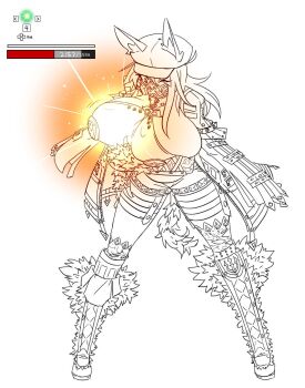 1girl animal_hat boots breasts code_vein commentary english_commentary female_focus gameplay_mechanics gas_mask glowing graph_(graphiteknight) hat highres huge_breasts knee_boots mask monochrome one_eye_closed solo spot_color standing user_interface