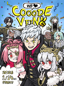 absurdres character_request code_vein code_vein_ii commentary dark-skinned_female dark-skinned_male dark_skin english_commentary expressionless highres holly_asturias josee_anjou lavinia_voda long_hair long_sleeves looking_at_viewer lou_magmell lyle_mcleish multiple_girls navel official_art open_mouth protagonist_(code_vein_ii) red_eyes scar scar_across_eye scar_on_face short_hair smile v very_dark_skin white_hair