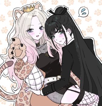 Rule 34 | 2girls, amaya tsubame, animal ears, animal hands, belt, black dress, black hair, black tank top, blonde hair, blue eyes, blush, bow, c28841s, commentary request, crown, dress, fishnets, gakuen idolmaster, hair bow, high ponytail, highres, idolmaster, juo sena, long hair, multiple girls, nervous, nervous sweating, open mouth, paw print, ponytail, shorts, smile, sweat, tail, tank top, tiger ears, tiger tail, white belt, yellow background, yuri