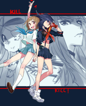 4girls arm_up black_hair black_skirt blue_neckerchief blue_sailor_collar blue_skirt breasts brown_hair brown_shoes closed_mouth commentary_request copyright_name gloves harime_nui holding_hands honnoji_academy_school_uniform kill_la_kill kiryuuin_satsuki mankanshoku_mako matoi_ryuuko midriff multiple_girls navel neckerchief open_mouth pleated_skirt red_gloves sailor_collar school_uniform senketsu serafuku shoes short_hair short_sleeves single_glove skirt socks suspenders white_shoes white_socks yutaka7