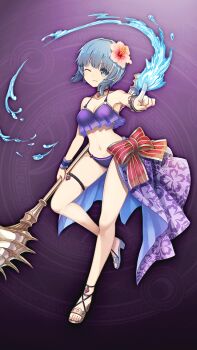 1girl armpits bikini blue_hair brown_sandals floral_print flower full_body gem hair_flower hair_ornament holding holding_staff leg_up looking_at_viewer one_eye_closed outstretched_arm parted_lips purple_bikini purple_gem purple_skirt red_ribbon ribbon sandals short_hair skirt smile solo staff striped_ribbon swimsuit teeth